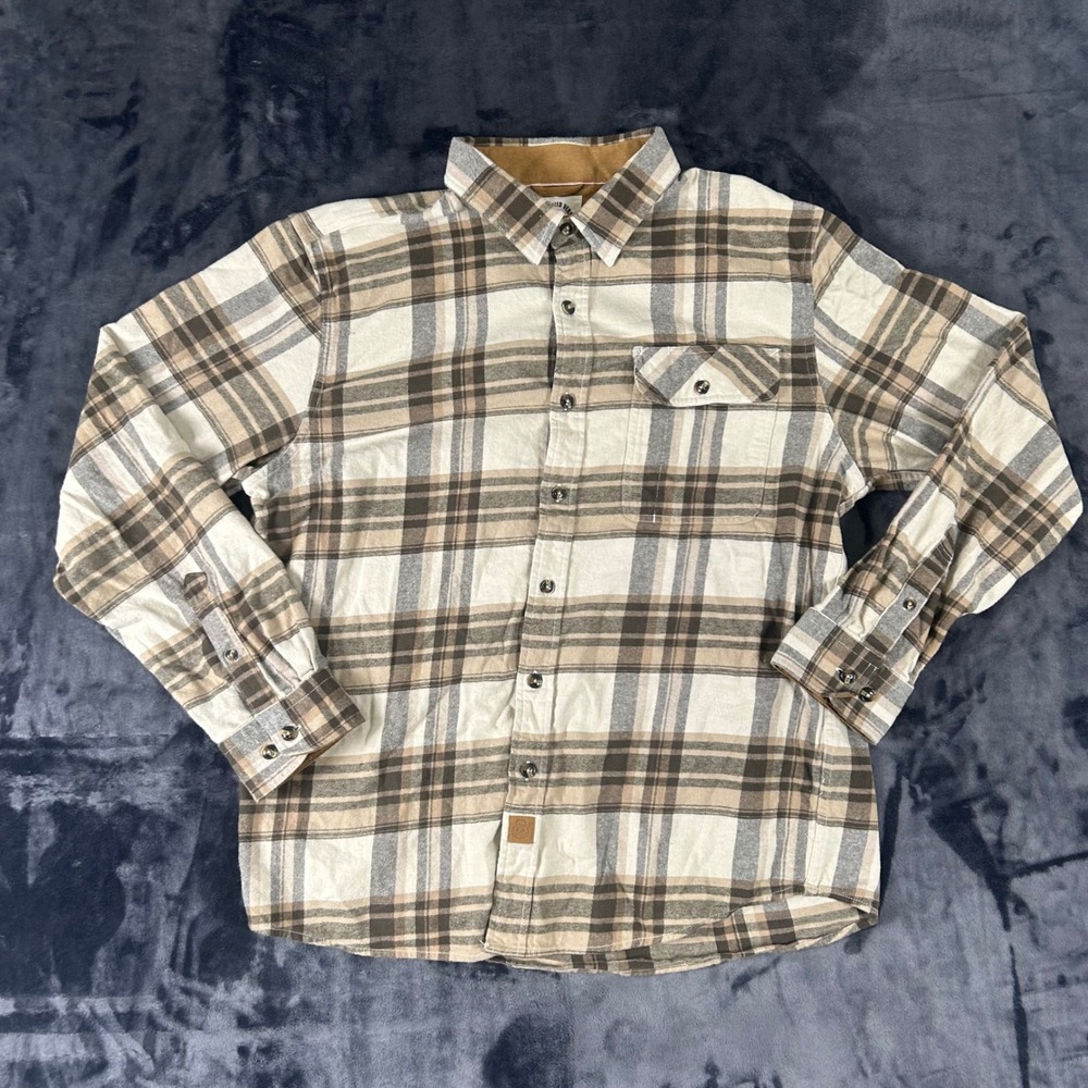 Dubinik‎ Flannel Button Down Mens L Brown Plaid Long Sleeve Corduroy Trim